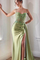 Long Mermaid Sweetheart Spaghetti Straps Satin Lace Prom Dresses with Slit