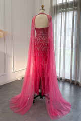 Long Mermaid Halter Beading Sequins Tulle Formal Prom Dresses with Tulle Shawl