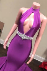 Long Halter Satin Beaded Mermaid Prom Dress