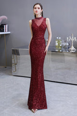 Gorgeous Mermaid Burgundy Sequins Long Formal Evening Dresses