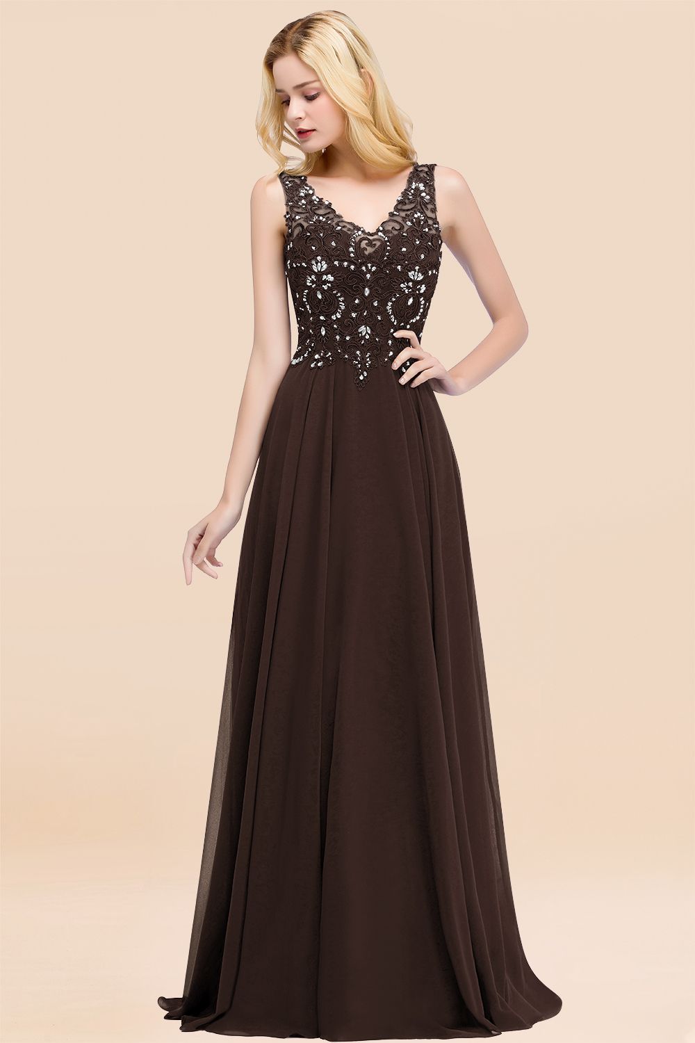 Dusty Rose Lace V-Neck Long Bridesmaid Dresses With Appliques
