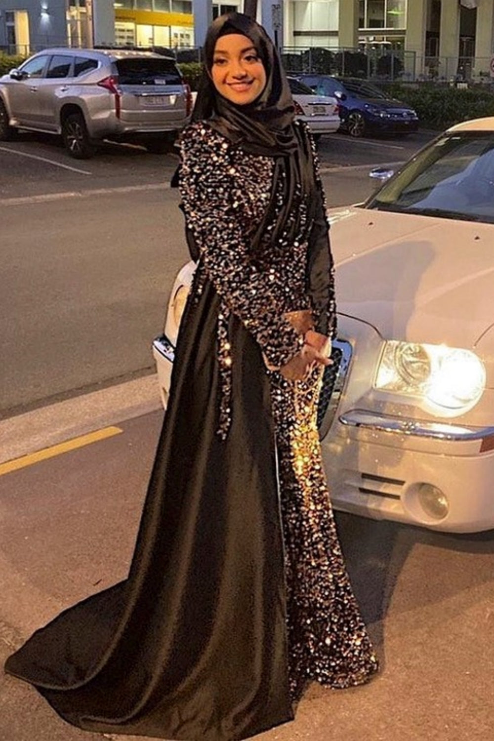 Black Long Mermaid One Shoulder Beads Sequins Evening Prom Dresses with Sleeves