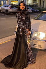 Black Long Mermaid One Shoulder Beads Sequins Evening Prom Dresses with Sleeves