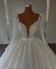 Luxury Long Ball Gown Sweetheart Lace Wedding Dress with Sleeves