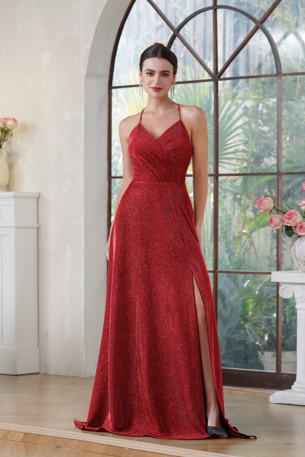 Glitter Long A-line V-neck Halter Front Slit Backless Prom Dresses with Pocket