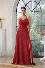 Glitter Long A-line V-neck Halter Front Slit Backless Prom Dresses with Pocket