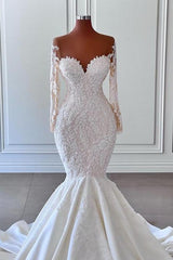 Gorgeous White Long Mermaid Sweetheart Satin Lace Wedding Dresses with Sleeves