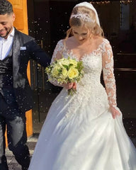 Long A-line Sweetheart Appliques Lace Wedding Dresses with Long Sleeves