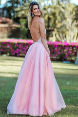 Long V-neck Spaghetti Straps Appliques Lace A-line Prom Dress