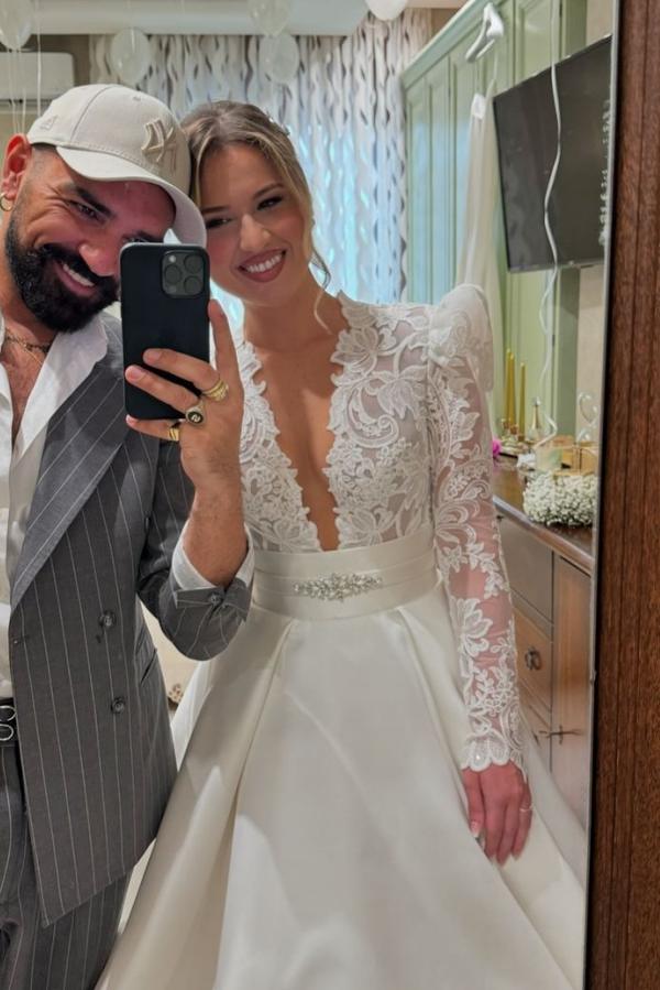 Long Sleeve Deep V-Neck A-Line Lace Satin Wedding Dress with Ruffles