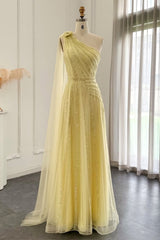 Luxury Long A-line One Shoulder Shinny Beadings Tulle Formal Prom Dresses
