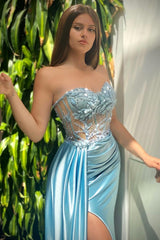 Sexy Mermaid Strapless Sweetheart Beading Long Prom Dress with Front Split