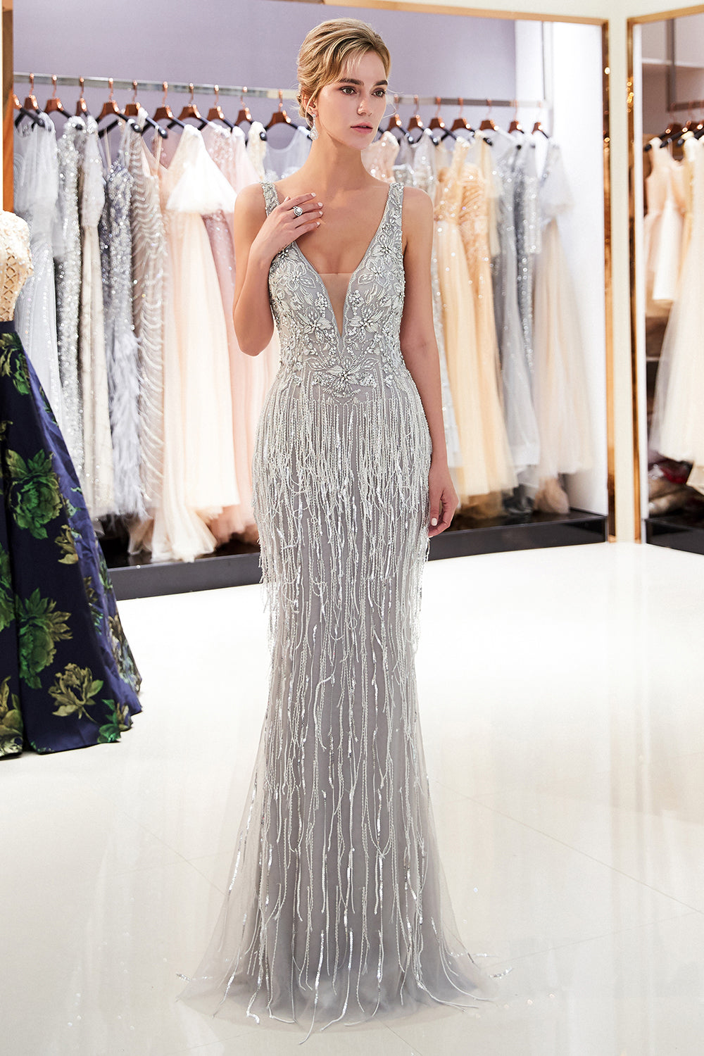 Long V-neck Beading Tulle Backless Mermaid Formal Evening Dress