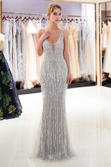 Long V-neck Beading Tulle Backless Mermaid Formal Evening Dress