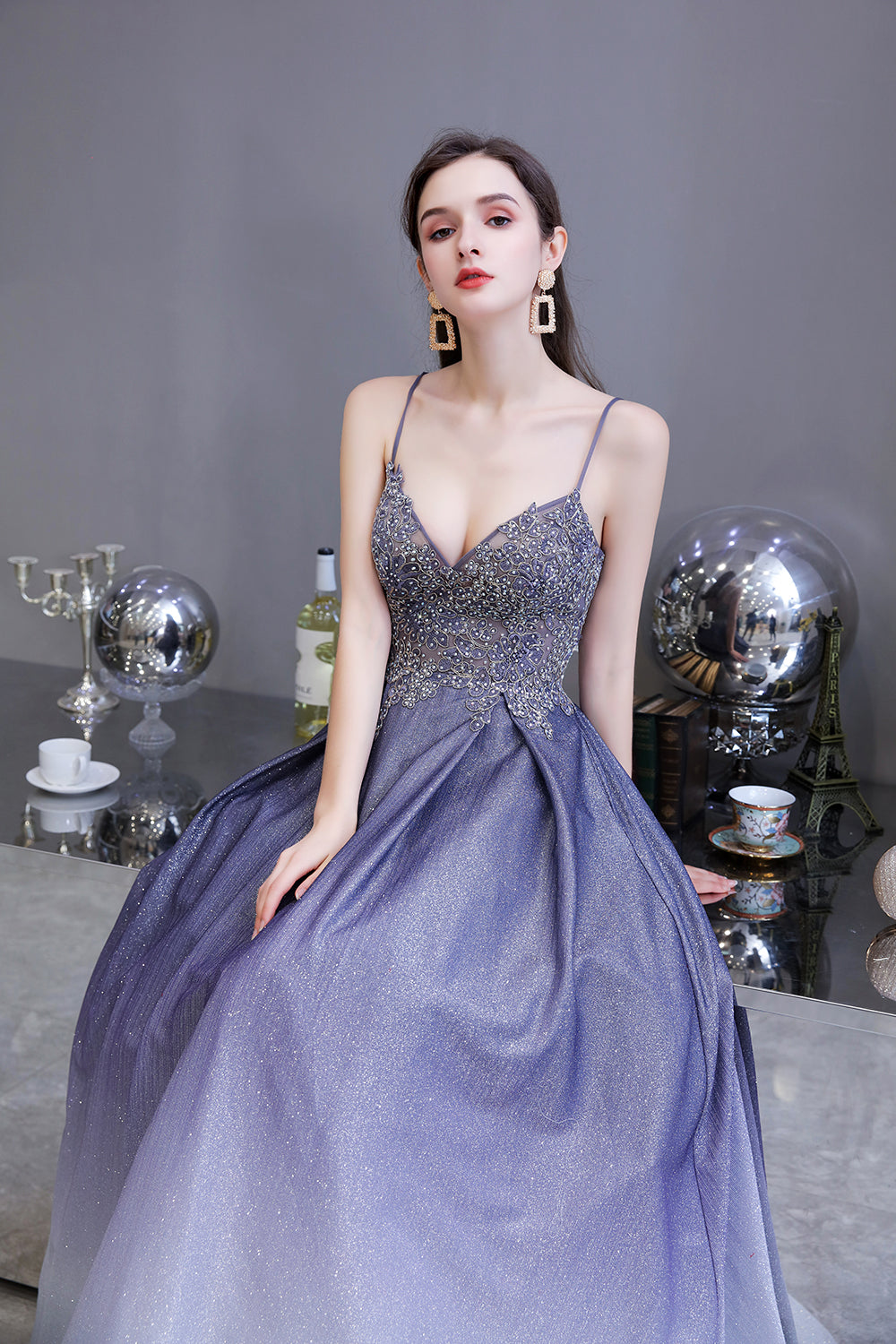 Elegant Long A-line V-neck Spaghetti Straps Appliques Beads Formal Evening Dress