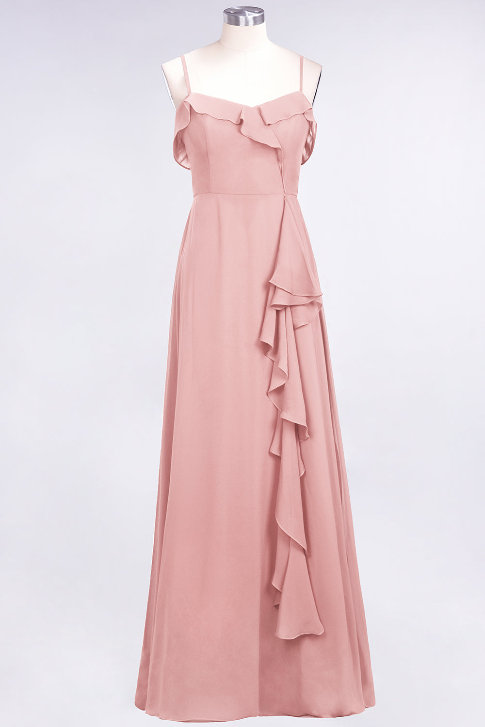 Spaghetti Straps A-Line Chiffon Backless Floor Length Prom Dress With Ruffles