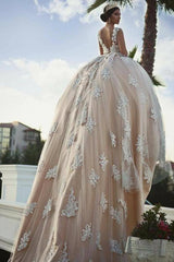 Elegant Ball Gown Off The Shoulder V Neck Tulle Appliques Lace Long Wedding Dress