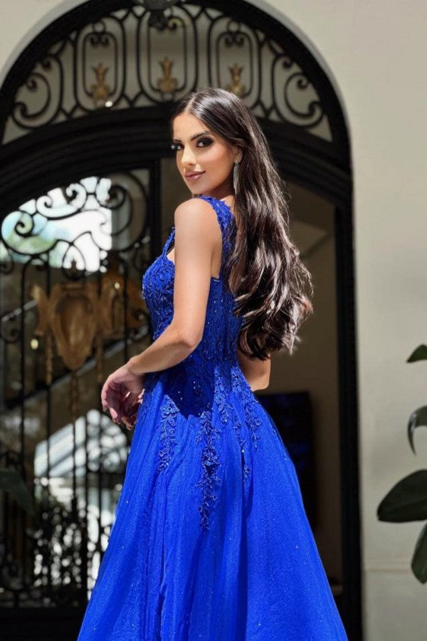 Royal Blue Long A-line Sweetheart Tulle Lace Formal Prom Dresses