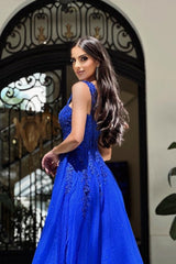 Royal Blue Long A-line Sweetheart Tulle Lace Formal Prom Dresses