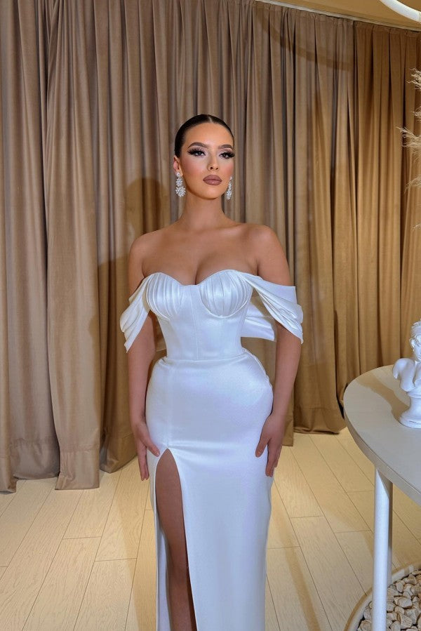 Long Mermaid Off the Shoulder Satin Formal Prom Dresses with Slit