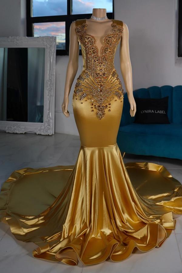 Sexy Gold V-neck Satin Long Mermaid Prom Dress with Beads
