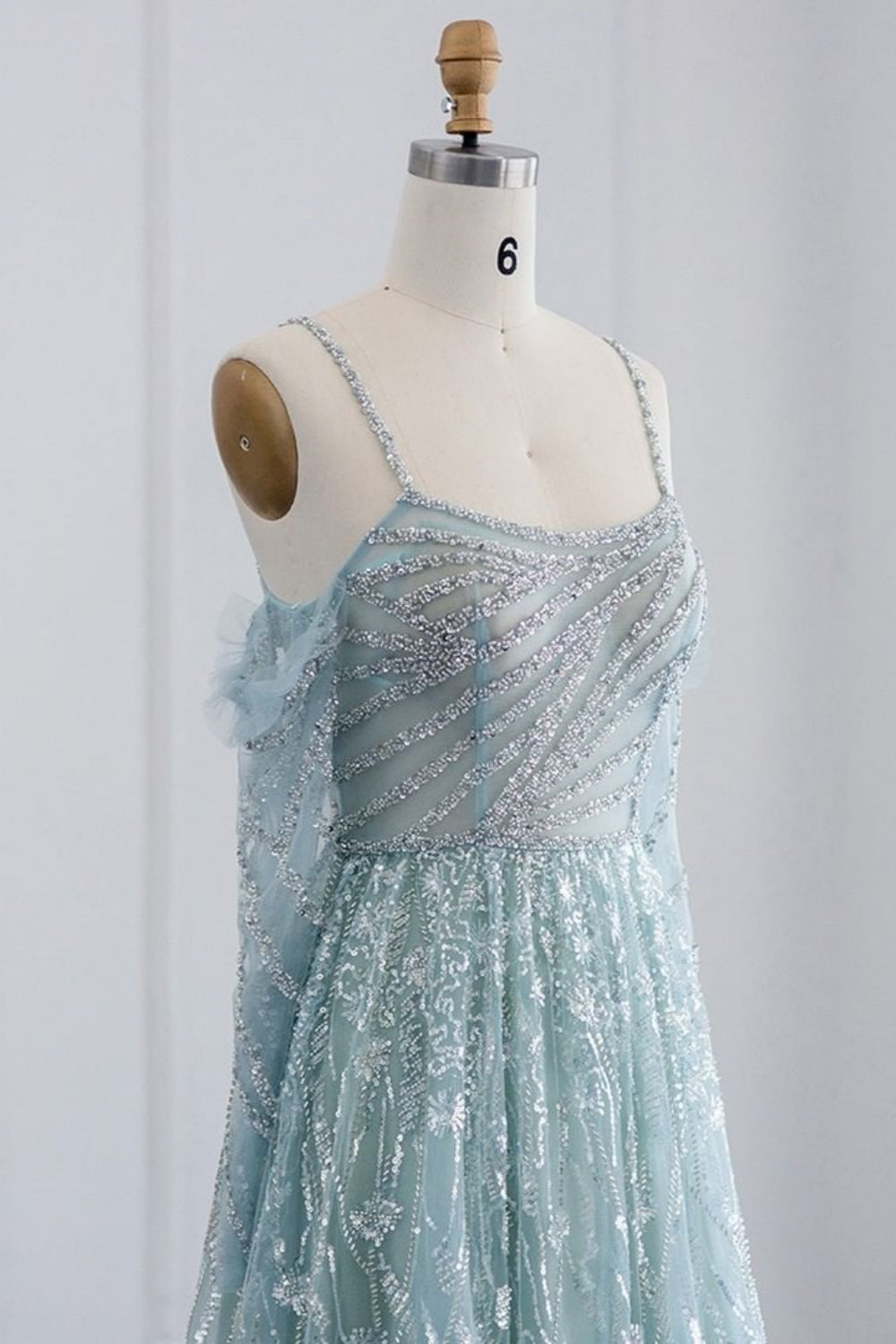 Long A-line Spaghetti Straps Fur Beadings Evening Party Dress with Sleeves