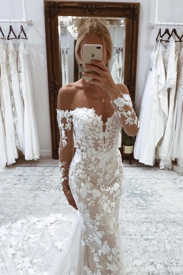 Mermaid Long Sleeves Garden Lace Wedding Dress with Appliques