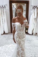 Mermaid Long Sleeves Garden Lace Wedding Dress with Appliques
