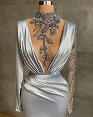 Mermaid V-neck Long Beading Ruffles Mermaid Prom Dress with Sleeves