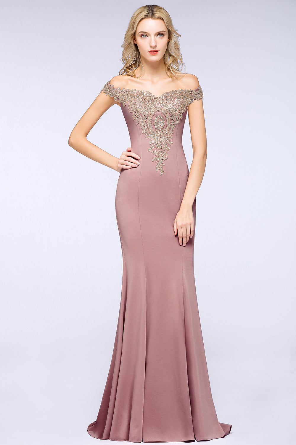 Dusty Rose Long Mermaid Off the Shoulder Satin Lace Formal Evening Dresses