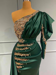Elegant Long Mermaid One Shoulder Formal Evening Dress with Beaded