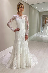 Simple Open Back Long Sleeve Lace Mermaid Floor Length Wedding Dress