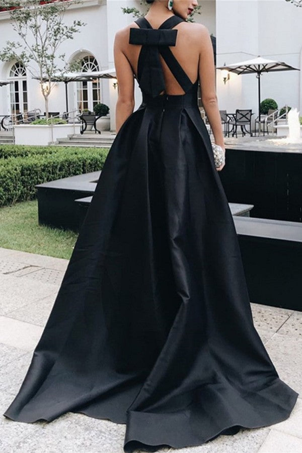 Elegant Black A-Line Deep V-Neck Halter Sleeveless Satin Long Prom Dress with Bow