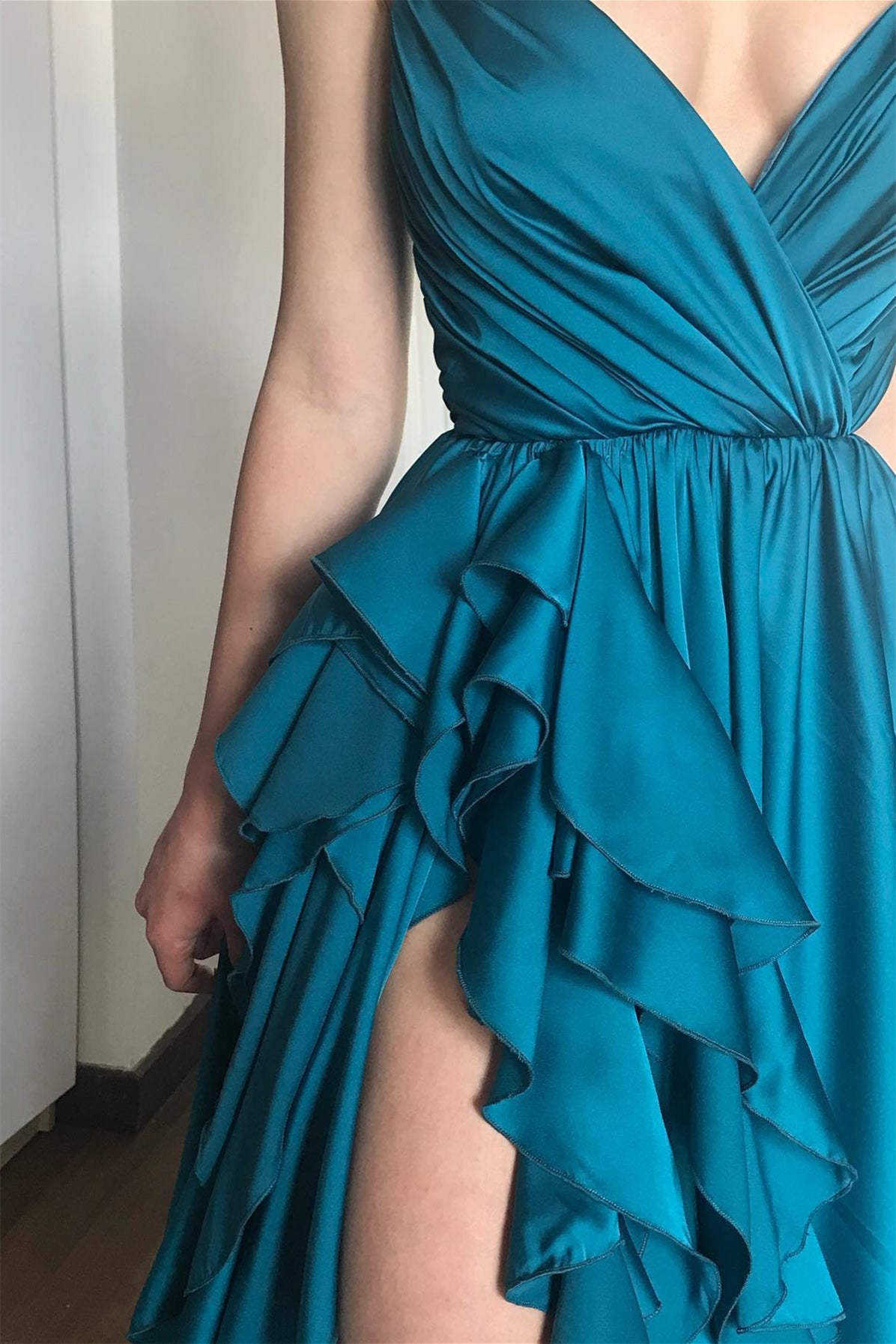 Long A-line Spaghetti Straps V-Neck Tiered Satin Prom Dress with Slit