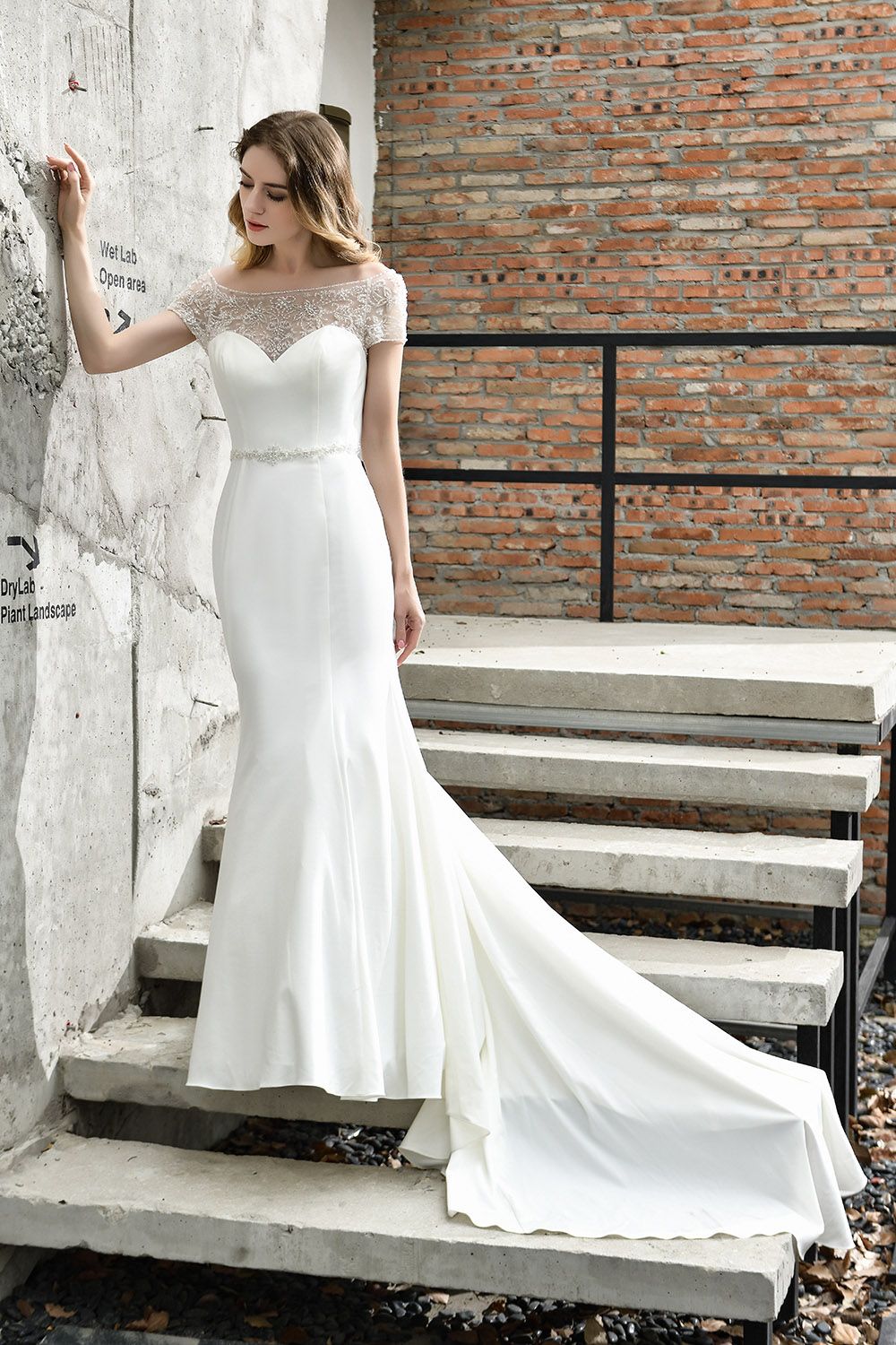 Long Mermaid Satin Belt Lace White Dresses with Short Sleeves