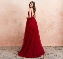 Elegant Long A-line V-neck Tulle Backless Prom Dress with Slit