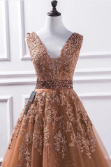 Elegant Long A-line V-neck Tulle Lace Floor Length Prom Dress