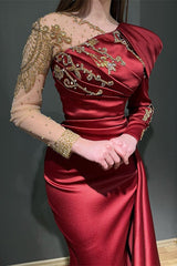 Long Mermaid Asymmetrical Ruffles Satin Tulle Formal Evening Dress with Sleeves