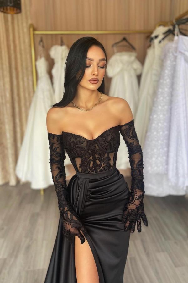 Black Long Sleeves Mermaid Off the shoulder Prom Dress with High Split