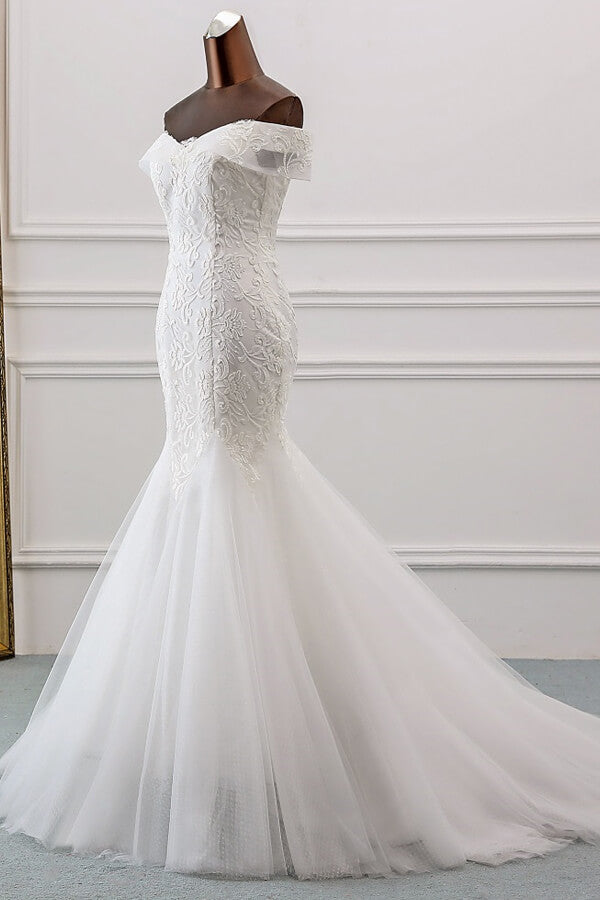 Long Off Shoulder Appliques Lace Tulle Mermaid Wedding Dress