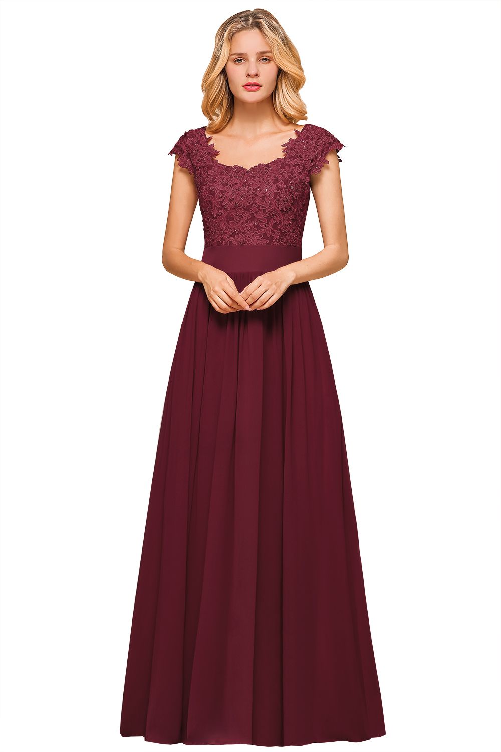 Dusty Blue Long A-line Cap sleeves Lace Bridesmaid Dresses with Appliques