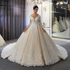 Classy Ball Gown Sweetheart Backless Long Sleeve Appliques Lace Sequins Wedding Dress