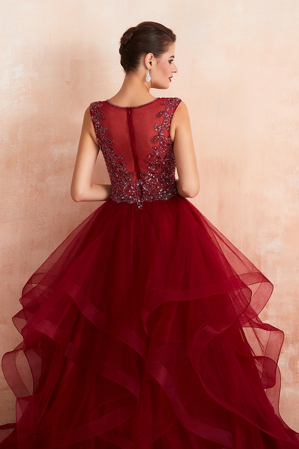 Long V-neck Tulle A-line Beaded Burgundy Formal Evening Dresses