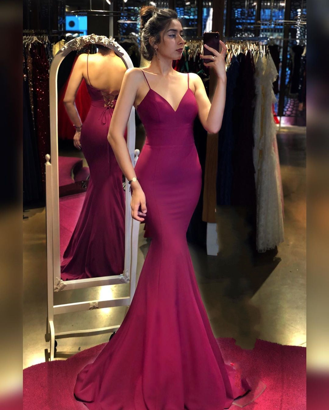Long V-neck Spaghetti Straps Backless Floor Length Ruffles Mermaid Prom Dress