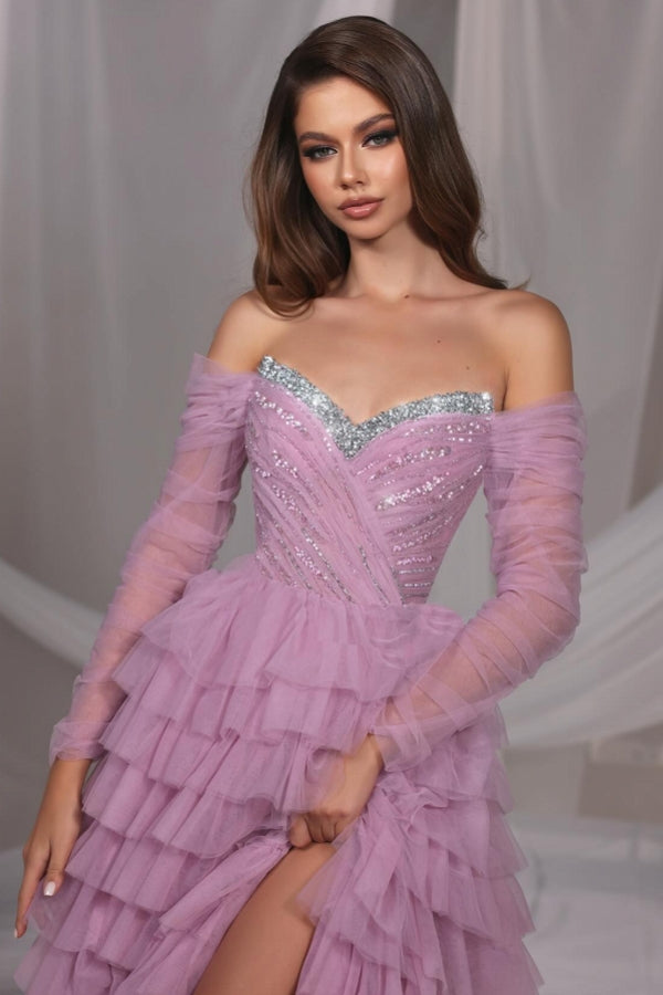 Long Sleeve A-line Floor Length Off the Shoulder Prom Dress with Slit