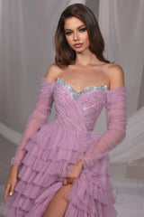 Long Sleeve A-line Floor Length Off the Shoulder Prom Dress with Slit