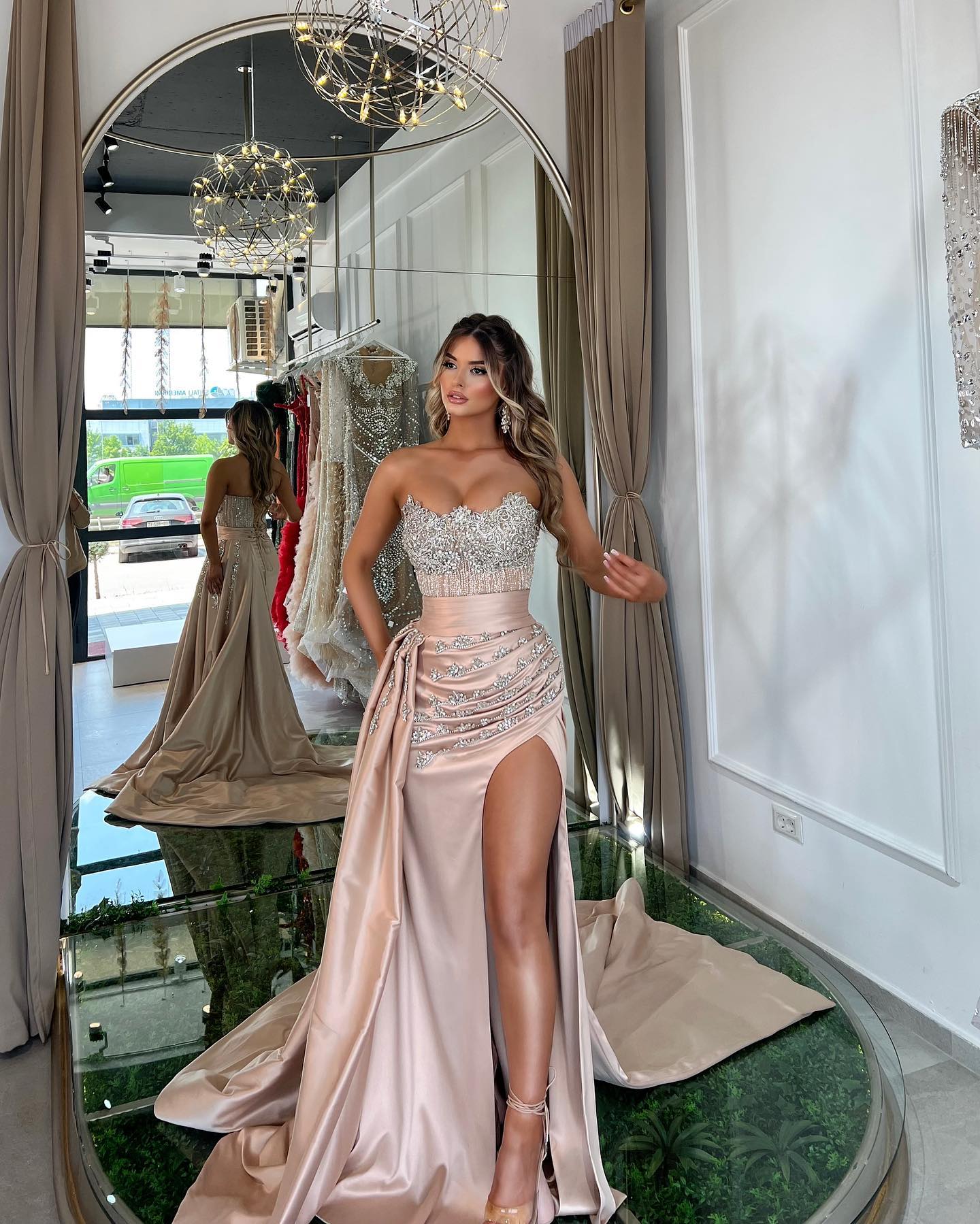 Long Mermaid Strapless Satin Beaded Prom Dress with Slit