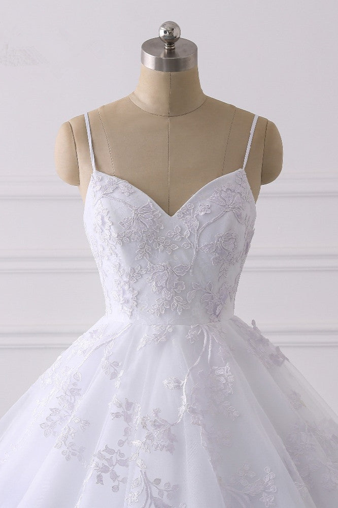 Glamorous Long Ball Gown Spaghetti Straps V-Neck Tulle Wedding Dress with Appliques Lace