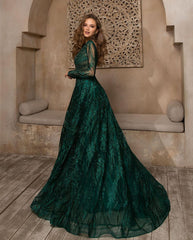 Long Sleeve Dark Green Sequin Appliques Lace Floor Length A-Line Prom Dress