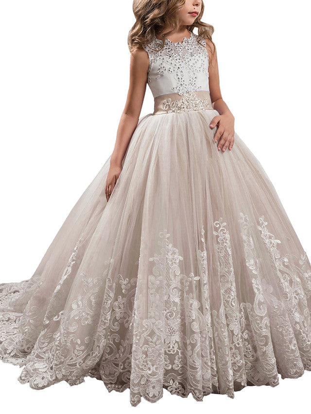 Long Ball Gown Tulle Lace Jewel Neck Pageant Flower Girl Dresses With Bow(S)